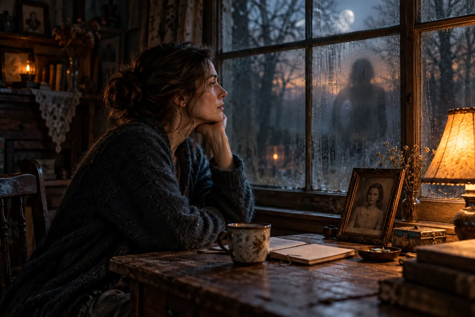 Escena artística de una mujer junto a un reflejo ambiguo en una ventana